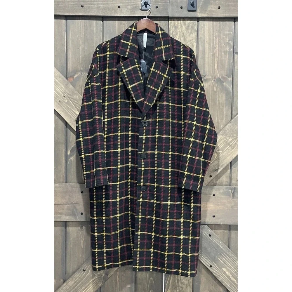 Zara Man Black Red‎ Yellow Wool Plaid Oversized Long Coat Office Modern Size M